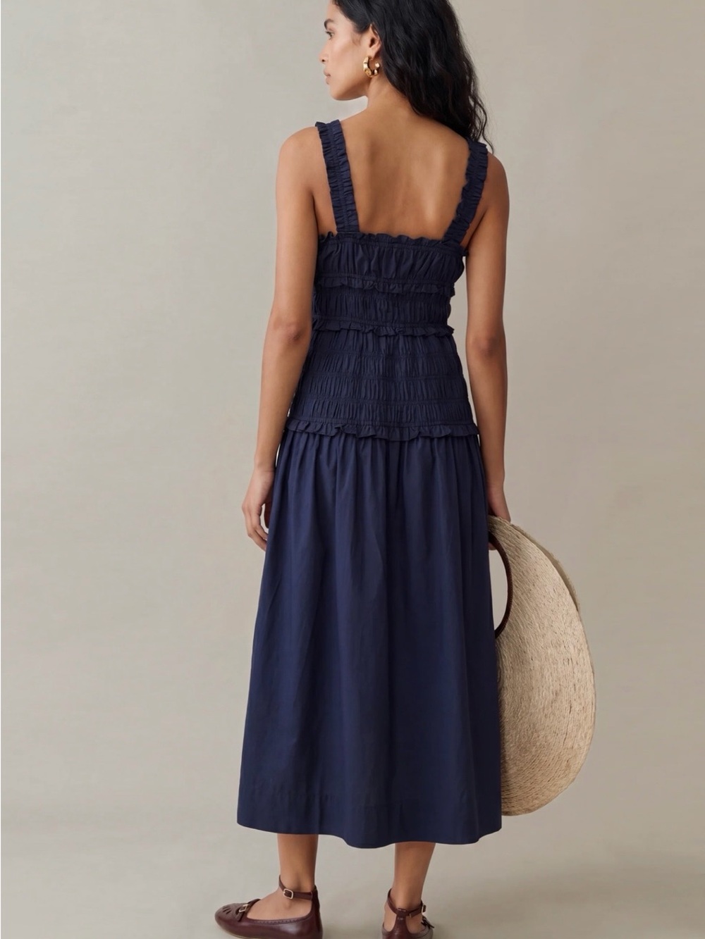 Few Moda O.P.T. Freya Navy Cotton Smocked Tiered Midi Dress. Sz M - Picture 2 of 3